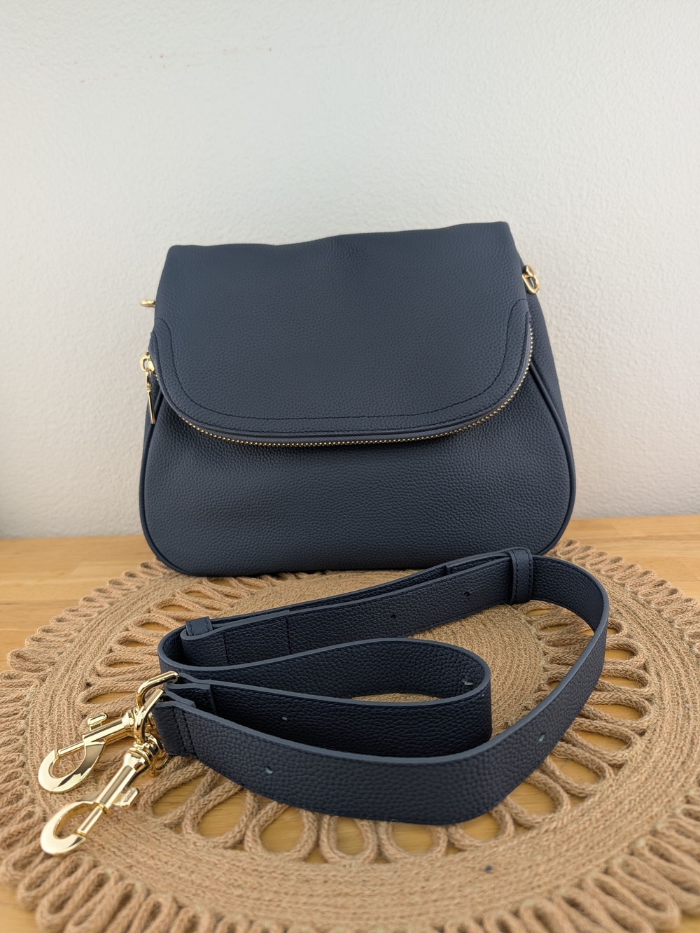 Tote Le Monde Venice Pebbled Leather Fold Over Crossbody Bag Navy Gold Hardware